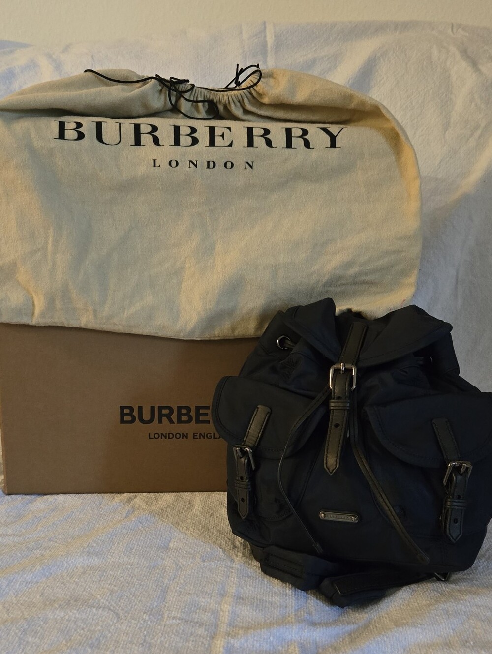 Burberry Black Nylon Backpack with Leather Trim